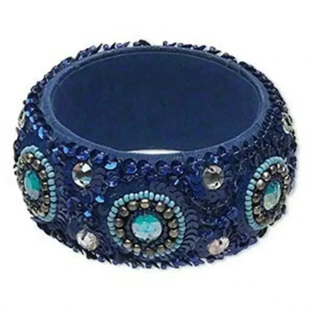 Hand Crafted India Beaded Bangle Bracelet Cobalt Blue Aqua Gray Clear Ethnic